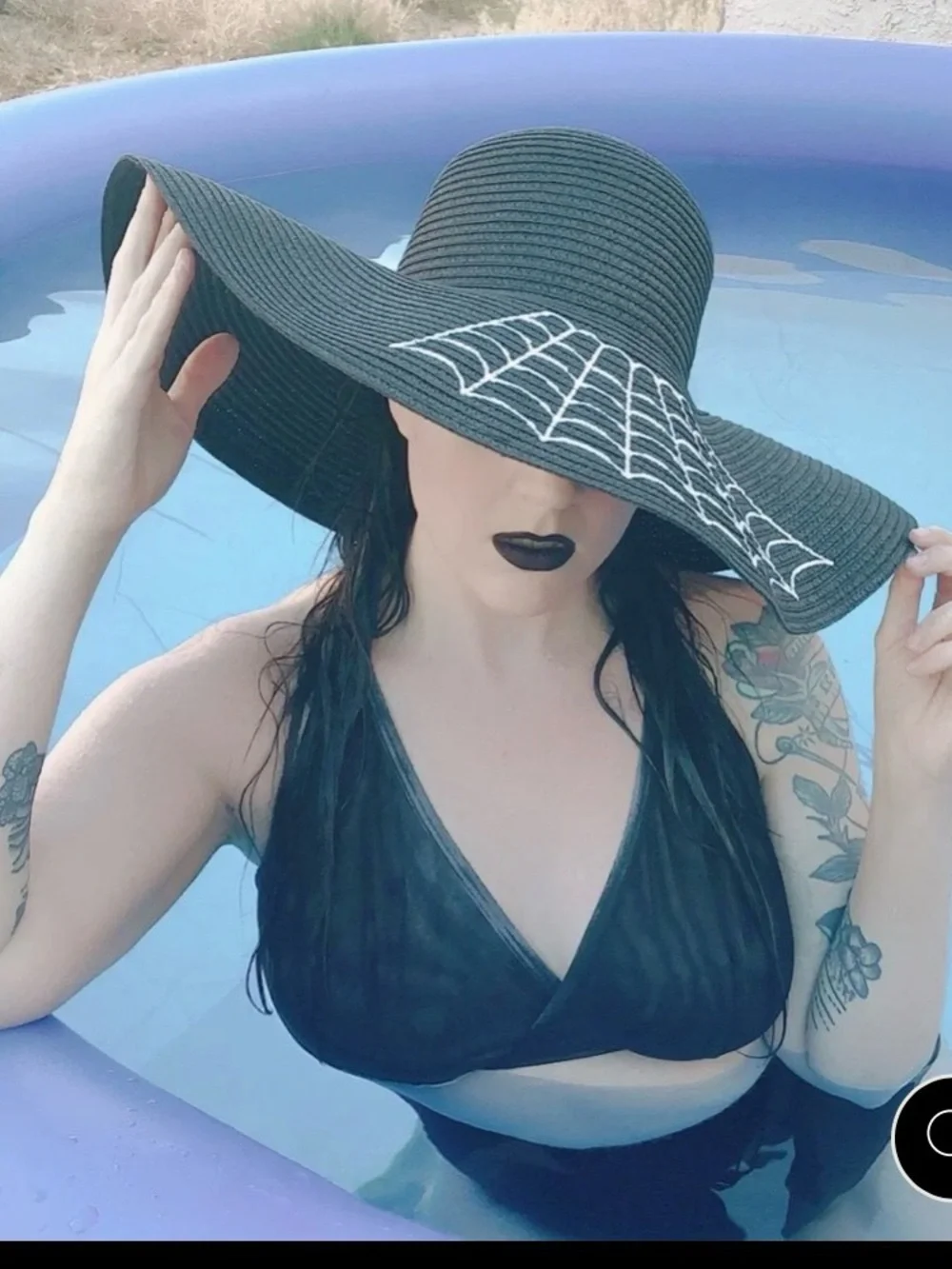Black Wide-Brim Straw Sun Hat with White Spiderweb Stitching